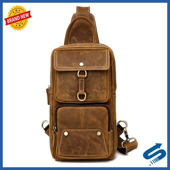 Genuine Leather Sling Bag Crossbody Backpack Daypack Genuine Leather Sling Backpack, Black Men main image 3